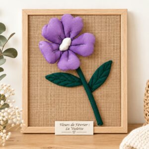 Violette en tissu aux pétales violets, cœur blanc et tige verte, fleur de naissance de février en cadre A4
