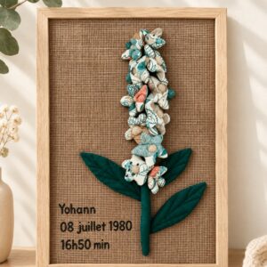 Delphinium en tissu en cadre A4, fleur de naissance du mois de juillet