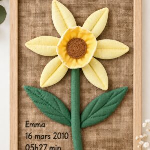 Jonquille en tissu jaune en cadre A4, fleur de naissance du mois de mars